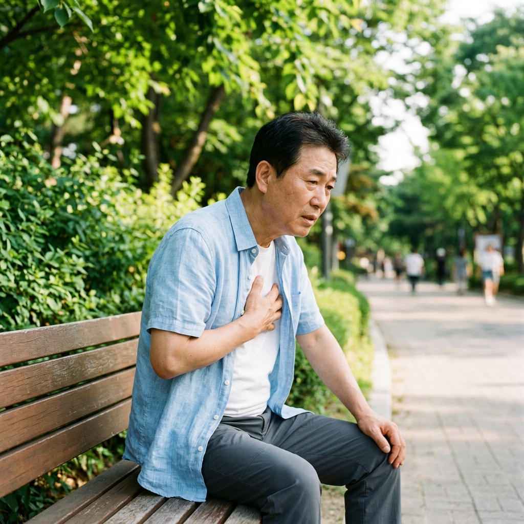 창밖으로 푸른 잎이 보이는 공원 벤치에서 얇은 셔츠 차림의 60대 남성이 가슴 중앙을 손으로 누르며 쉬고 있는 모습