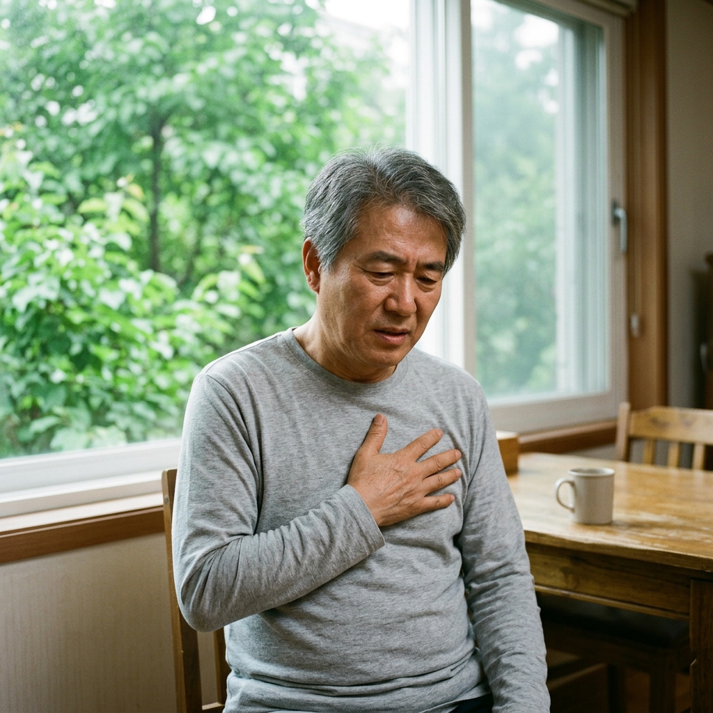 창밖으로 푸른 잎이 보이는 실내에서 얇은 셔츠 차림의 60대 성인이 가슴 부위를 손으로 짚으며 불편한 표정을 짓고 있는 모습