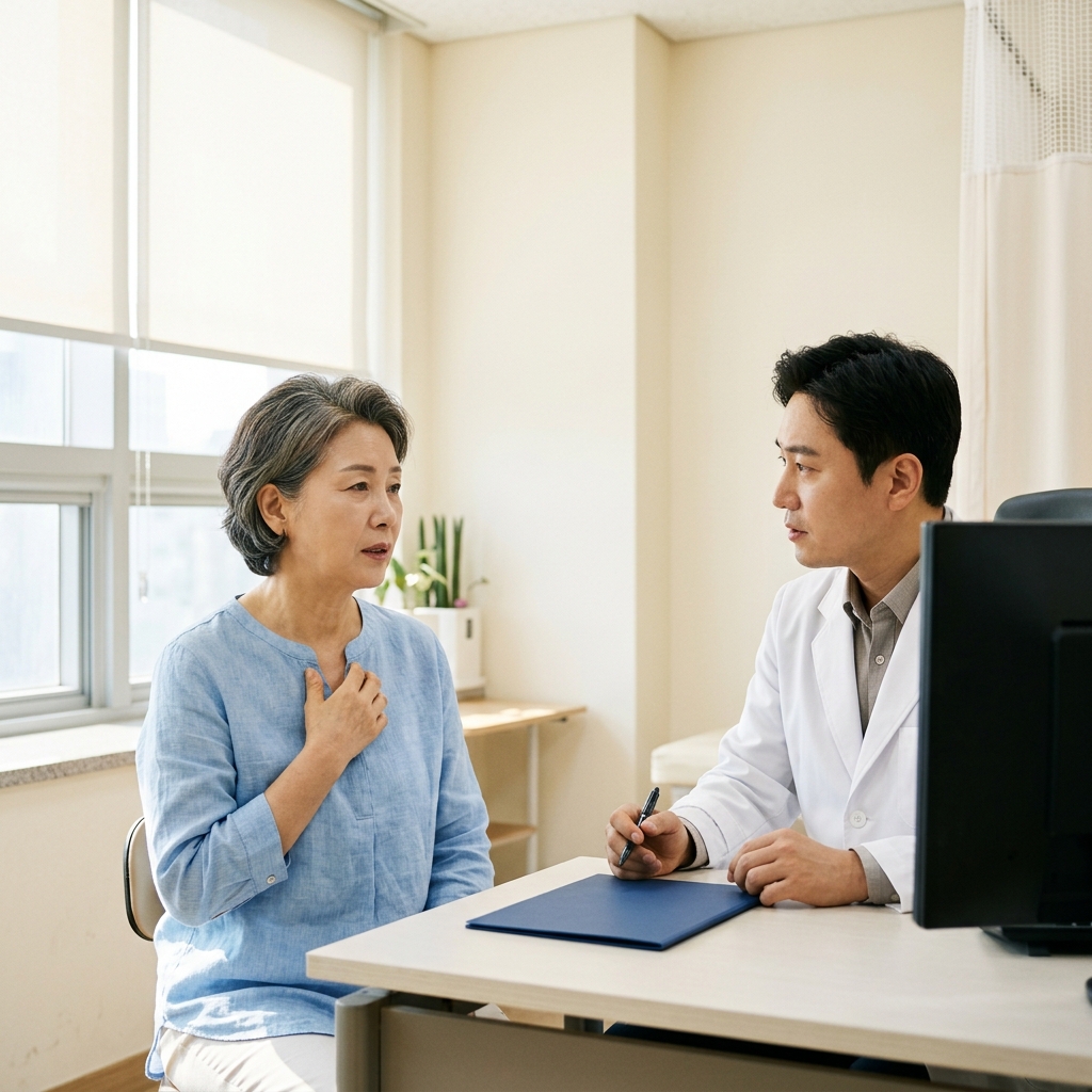 환한 햇살이 들어오는 병원 진료실에서 얇은 블라우스를 입은 60대 여성이 의사에게 가슴 증상을 설명하며 손으로 부위를 짚어 보이는 장면