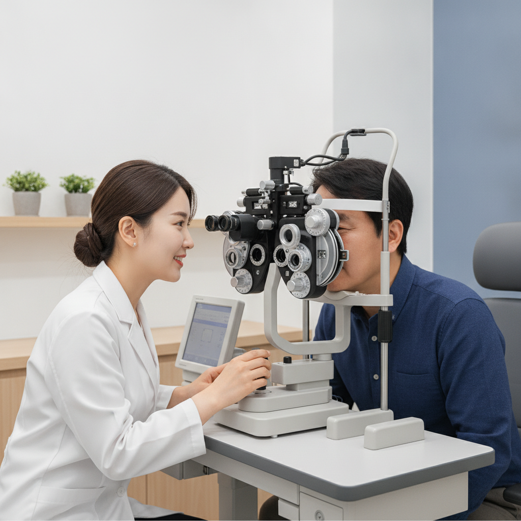 안과 진료실에서 검안기 앞에 앉아 눈 검사를 받고 있는 중년 한국인의 모습