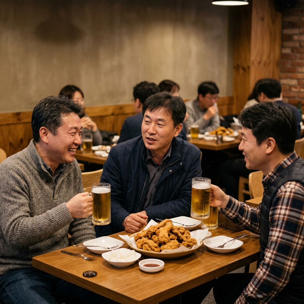 치킨과 맥주가 놓인 테이블을 사이에 두고 담소를 나누는 40대 남성들, 실내 조명 아래 편안한 분위기