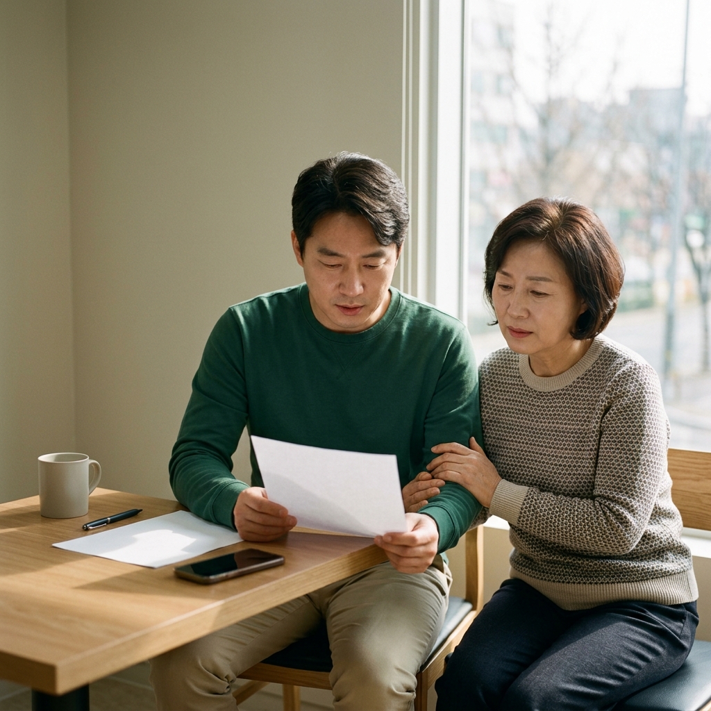 혈액검사 결과지를 확인하는 40대 남성과 보호자, 병원 상담실 창가 배경