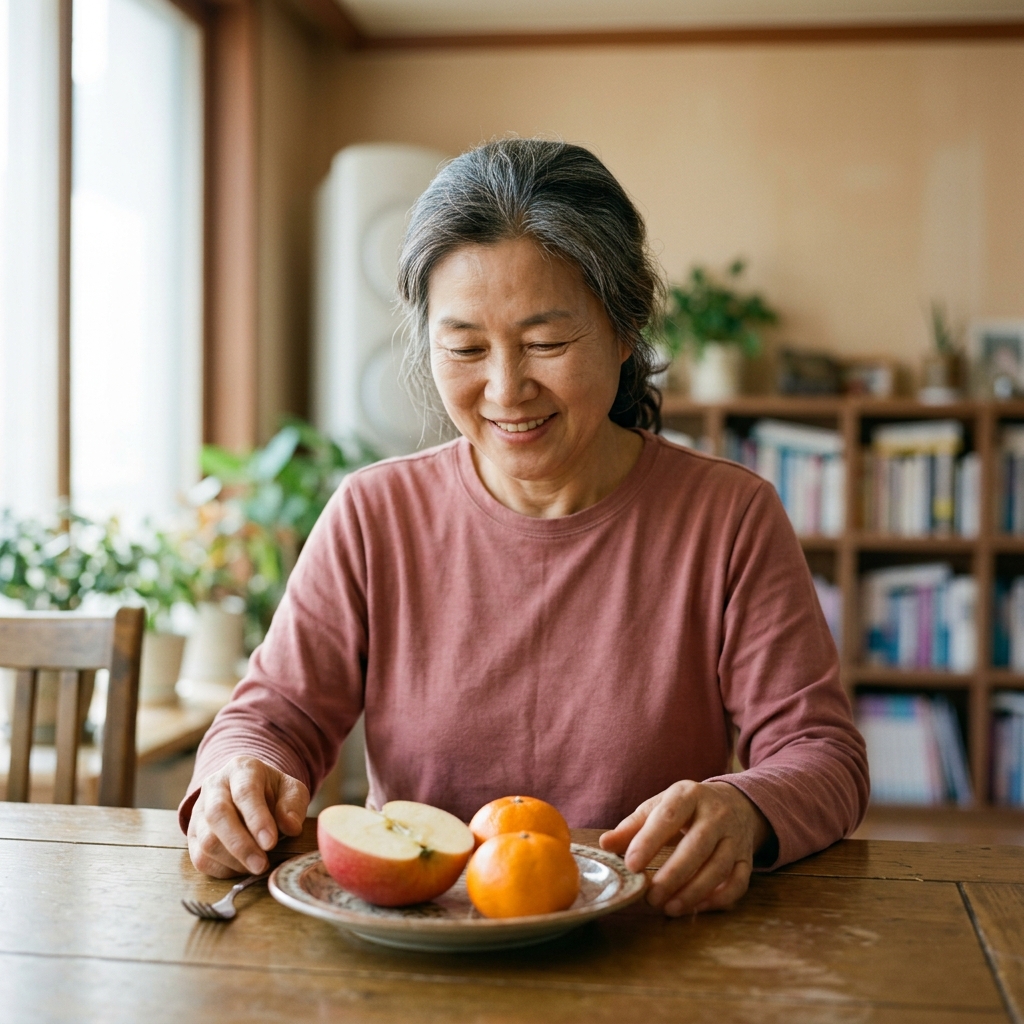 식탁 위에 놓인 사과 반 개와 귤 두 개, 얇은 긴소매 셔츠 입은 60대 성인이 과일을 바라보는 모습