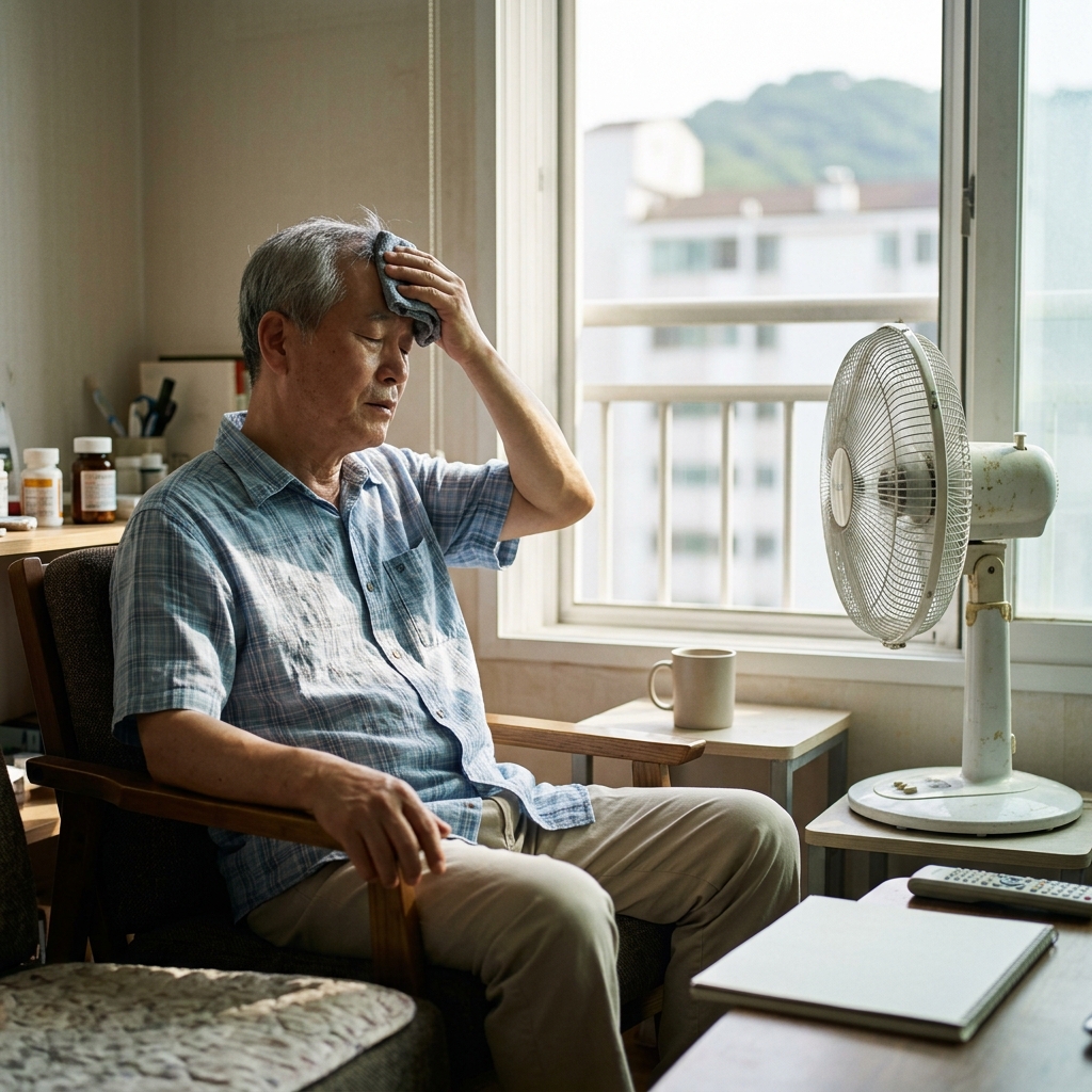 실내 선풍기 바람을 쐬며 이마에 손을 얹고 앉아 있는 한국인 70대 남성, 짧은 소매 셔츠, 창밖으로 강한 햇빛