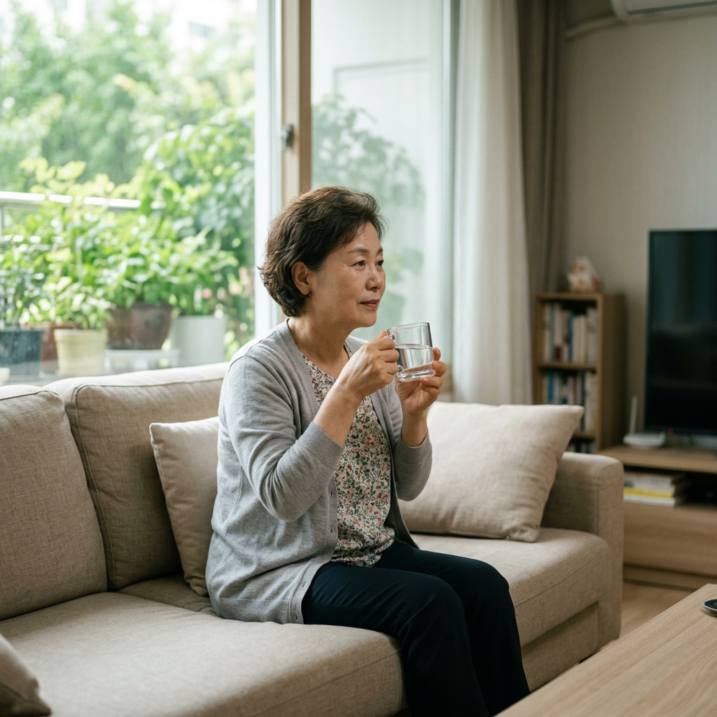 실내 거실 소파에 앉아 물컵을 들고 있는 한국인 60대 후반 여성, 얇은 긴팔 가디건, 창밖으로 푸른 잎