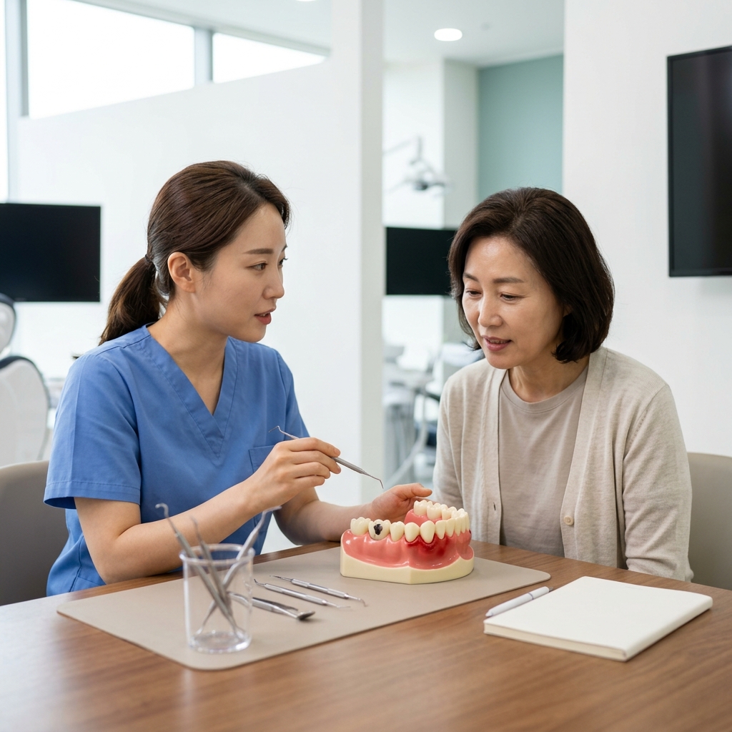 치아 모형과 치과 기구가 놓인 상담 테이블에서 환자에게 충치와 잇몸 염증의 차이를 설명하는 치과의사의 모습, 밝은 조명 아래 청결한 진료 환경