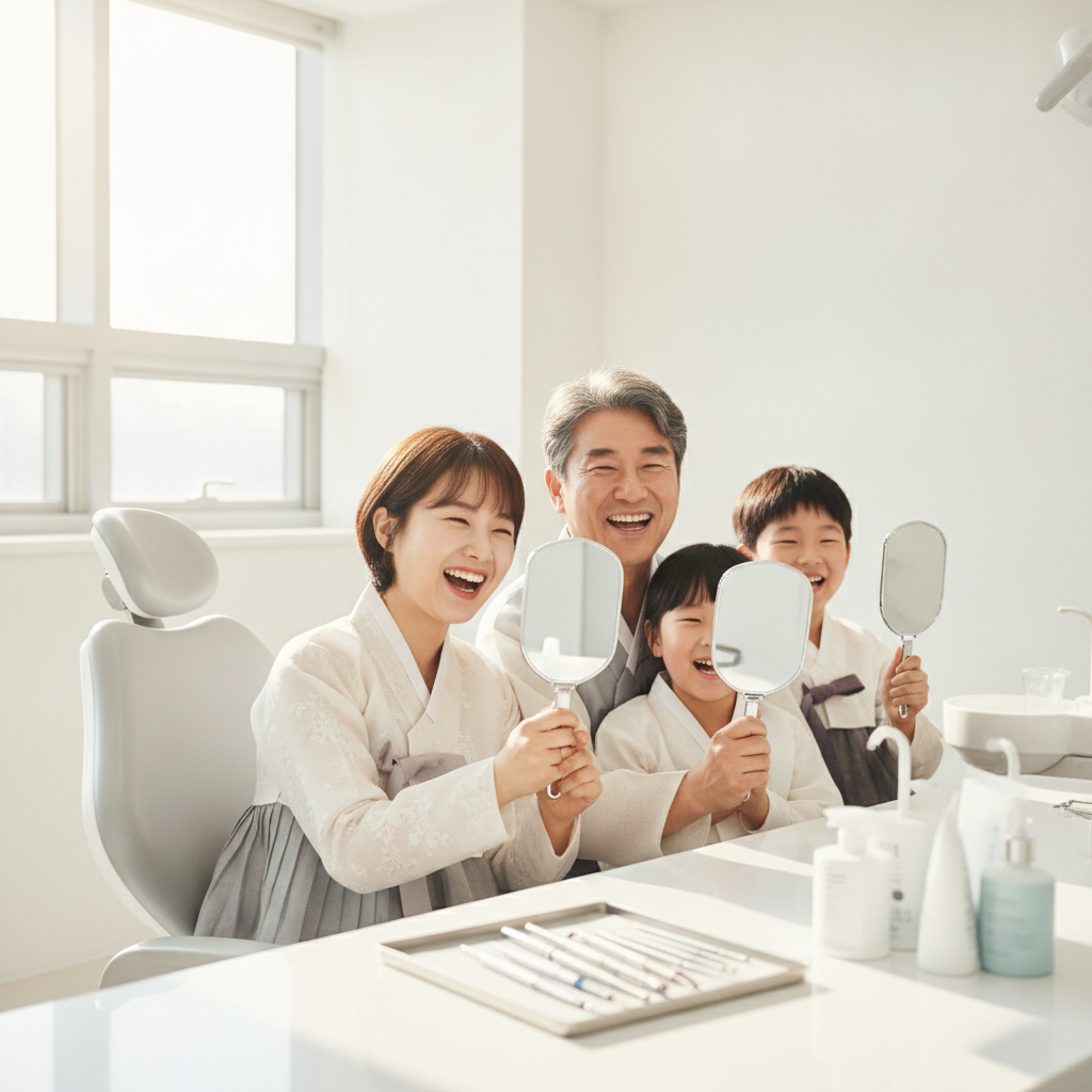 치과 진료실에서 거울을 보며 밝게 웃고 있는 다양한 연령대의 한국인들, 자연광이 비치는 깔끔한 분위기