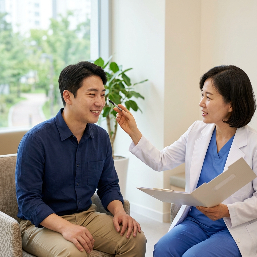 사시 교정술 후 경과 관찰 중인 성인 환자와 의료진