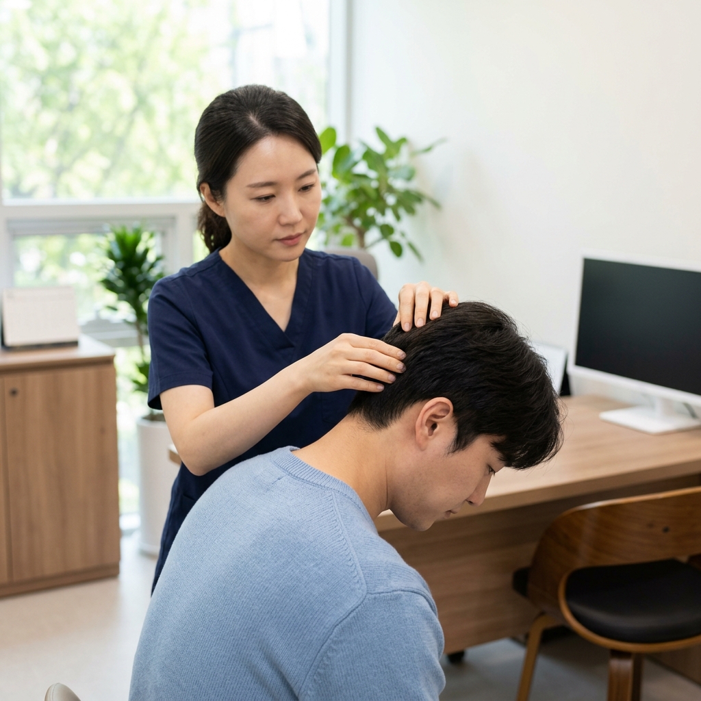 헤어라인 교정 상담을 위해 후두부 모발 상태를 확인하는 30대 성인의 모습, 밝은 진료실 배경, 봄철 자연광