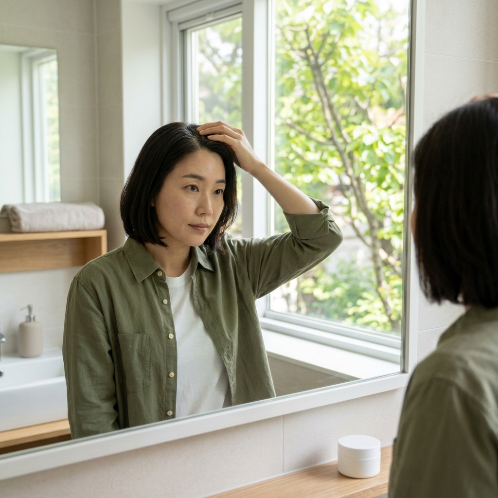 거울 앞에서 머리카락 가르마를 살피며 새치를 확인하는 30대 성인의 모습, 창밖으로 푸른 잎이 보이는 실내