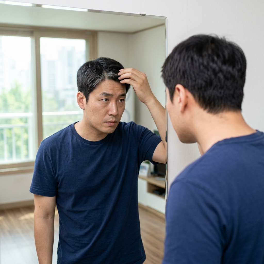거울을 보며 국소적으로 생긴 흰머리를 확인하는 30대 한국인의 모습, 창밖으로 밝은 자연광이 들어오는 실내 배경