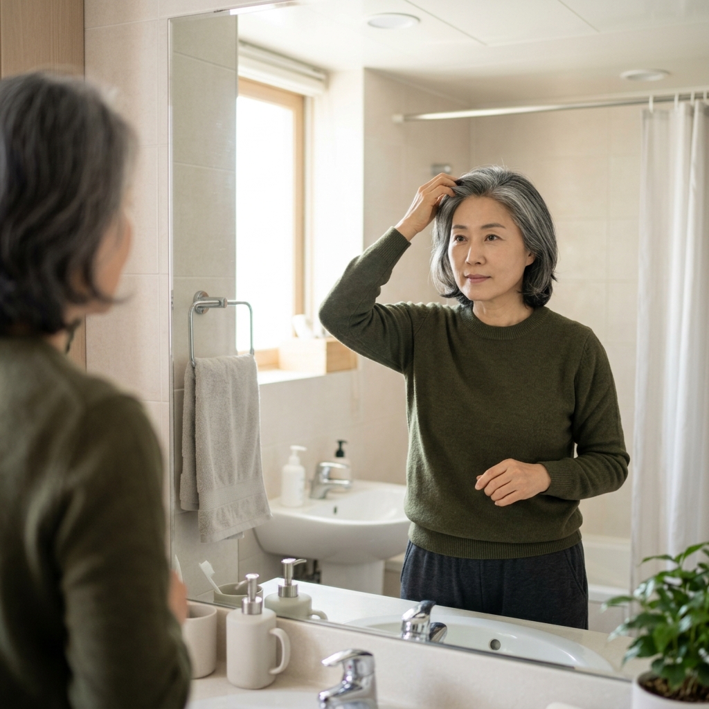 거울 앞에서 머리 전체에 고르게 퍼진 흰머리를 확인하는 50대 한국인의 모습, 밝은 실내 조명 아래 침착한 표정