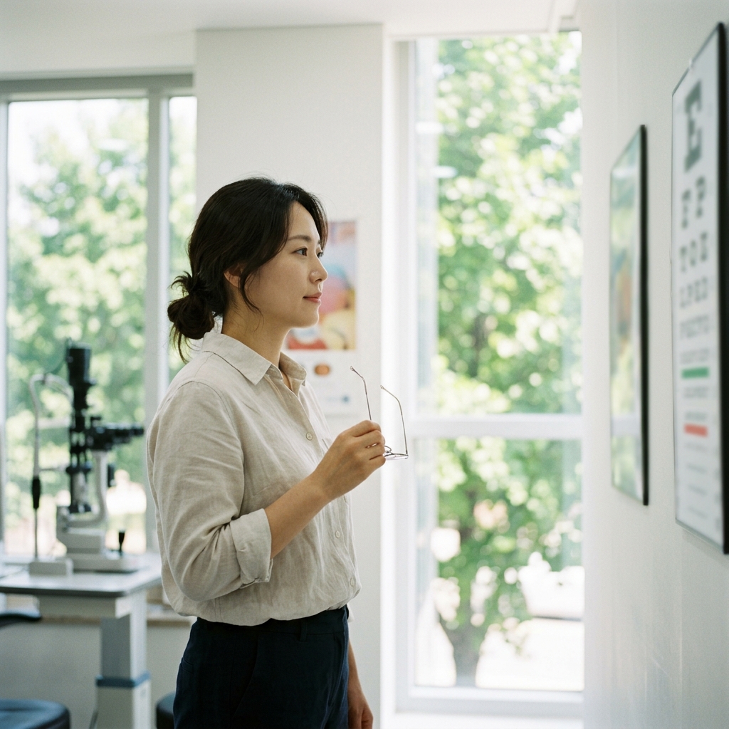 얇은 셔츠 차림의 30대 성인이 안경을 벗고 창밖 녹음이 보이는 밝은 실내에서 시력검사표를 바라보는 모습