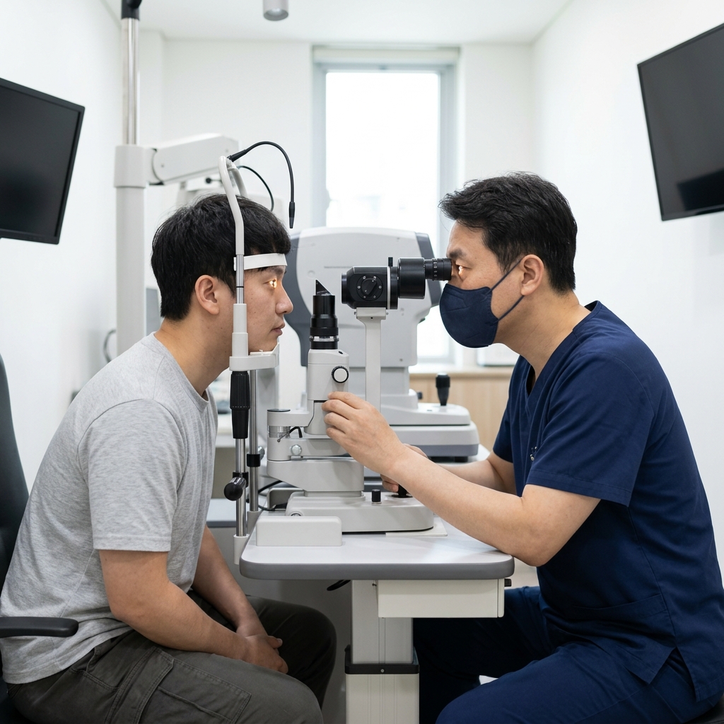 밝은 안과 진료실에서 의료진이 30대 성인에게 각막 검사 장비로 눈 상태를 확인하는 모습