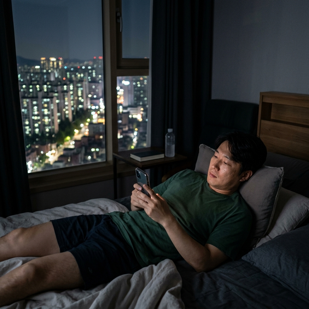 어두운 침실에서 침대에 누워 스마트폰 화면을 들여다보는 30대 성인의 모습, 창밖으로 초여름 밤 도심 불빛이 보이고 얇은 반팔 잠옷 차림