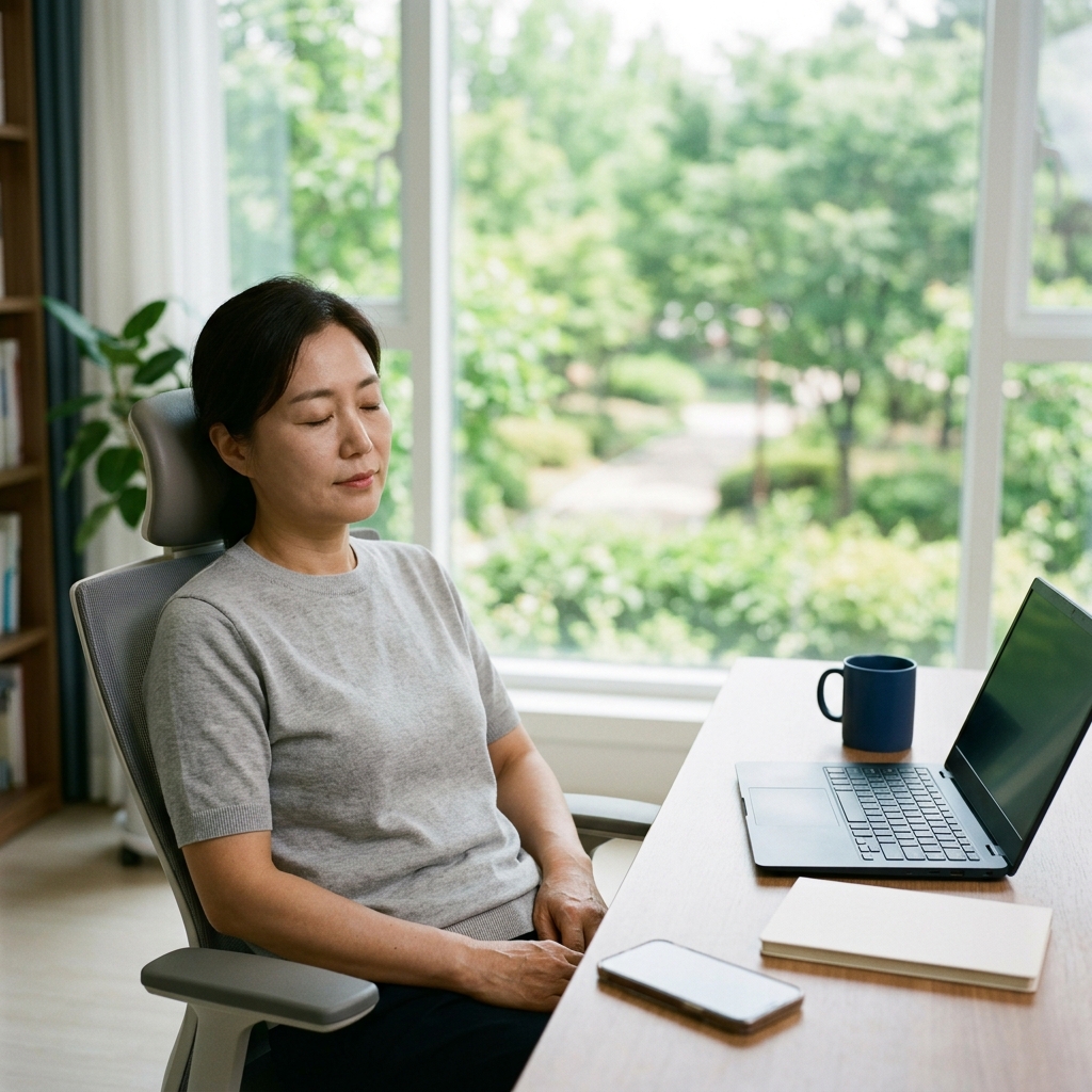 밝은 실내 책상에서 스마트폰을 내려놓고 눈을 감고 휴식을 취하는 40대 성인의 모습, 창밖으로 푸른 잎이 보이는 공원