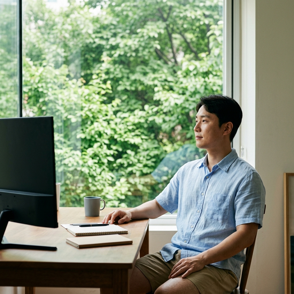 창밖으로 푸른 나무가 보이는 실내에서 얇은 반팔 셔츠를 입은 30대 성인이 책상 앞에 앉아 모니터에서 시선을 떼고 창밖을 바라보는 모습