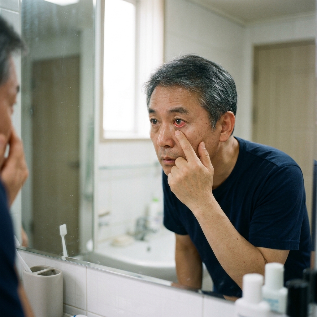 50대 중년 남성이 거울 앞에서 눈 충혈을 확인하는 아침 장면, 자연광
