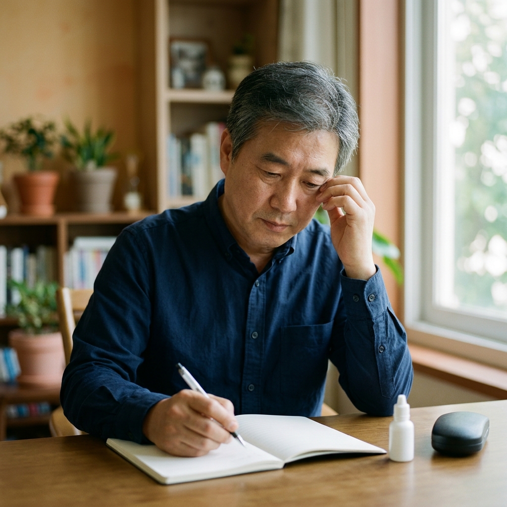 중년 남성이 노트에 눈 증상을 기록하며 인공눈물을 옆에 둔 장면, 책상 위 자연광
