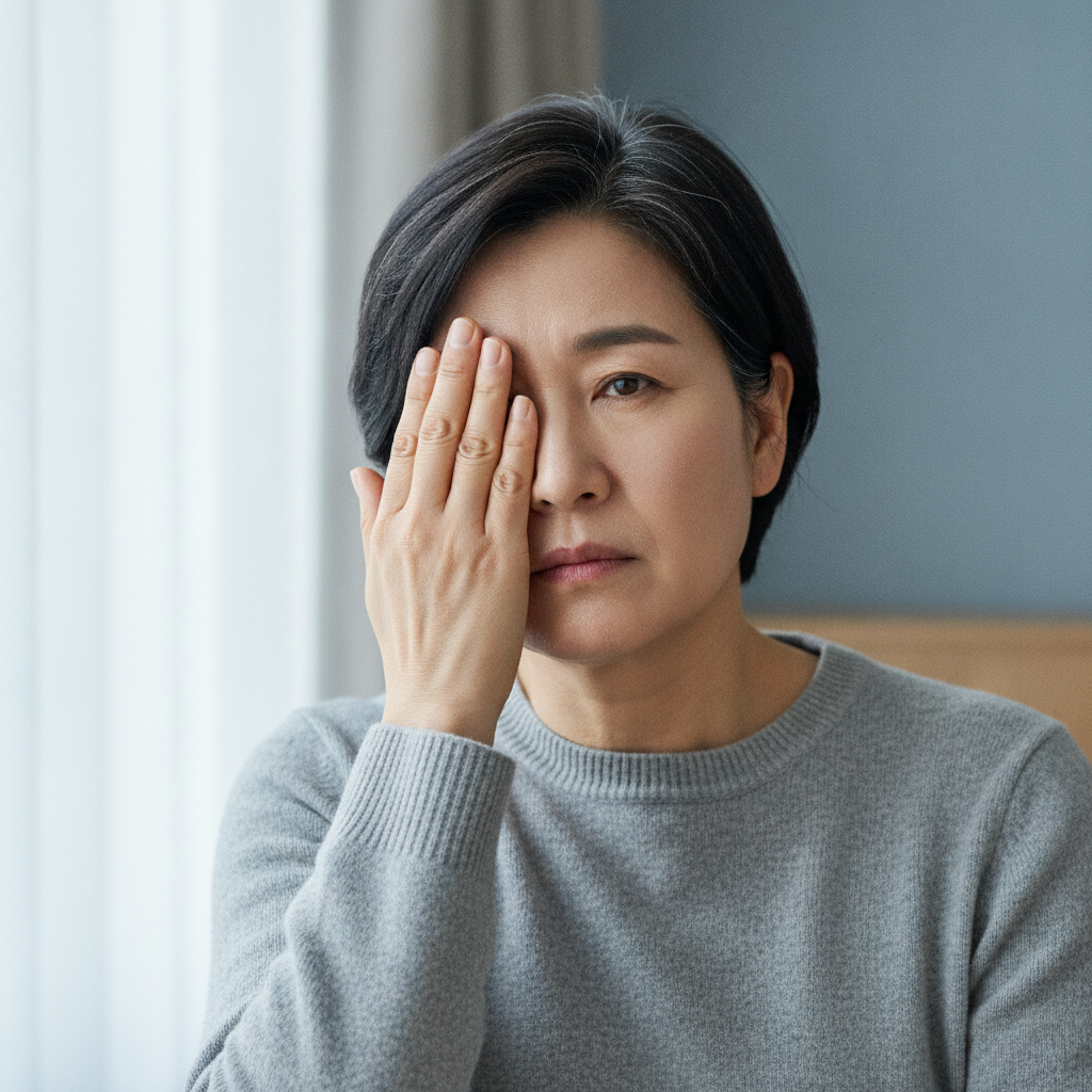 한쪽 눈을 가리고 시야가 흐려지는 듯한 표정으로 눈 상태를 확인하는 중년 한국인의 모습