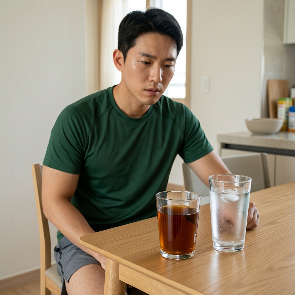 진한 호박색 소변과 물잔이 함께 놓인 모습