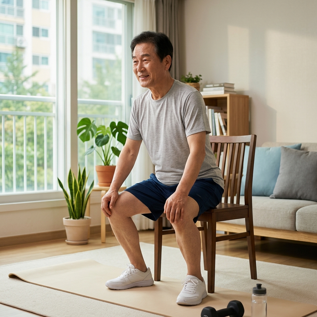 70대 한국인 남성이 밝은 거실 매트에서 의자 스쿼트를 하며 햇살이 창문으로 들어오는 장면