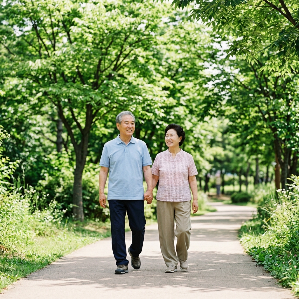 70대 한국인 부부가 공원 산책로에서 가벼운 걷기 운동을 하며 푸른 잎이 보이는 여름 배경