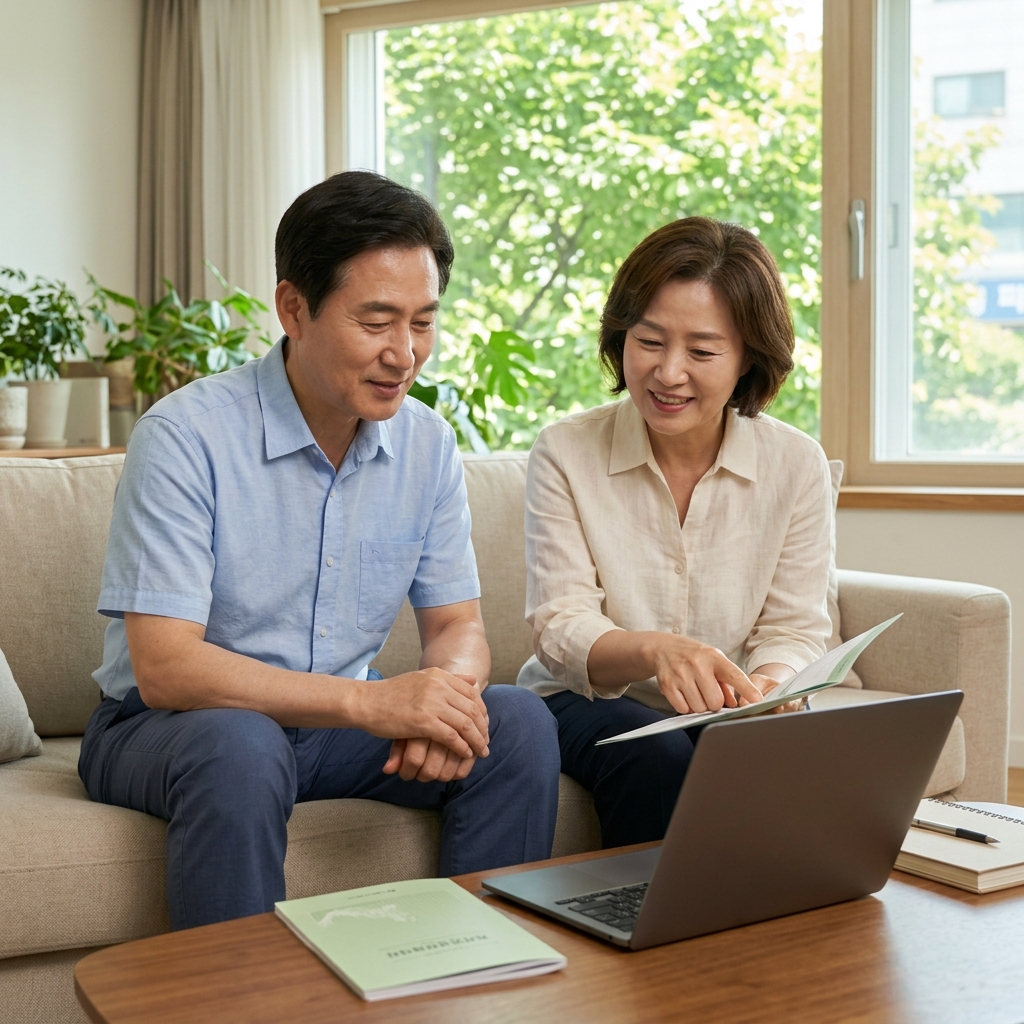 50대 중반 부부가 거실 소파에 앉아 노트북과 건강검진 결과지를 보며 식단 계획을 정리하는 모습, 창밖으로 푸른 잎과 밝은 햇빛이 보이는 초여름 배경