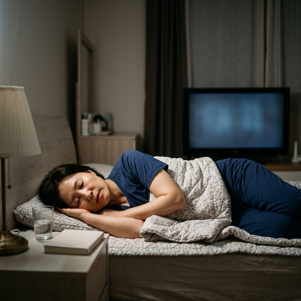 침실 침대 옆 TV가 켜진 상태로 어둑한 방 안에서 50대 중반 여성이 옆으로 누워 자고 있는 모습, 얇은 이불이 덮여 있고 TV 화면의 희미한 빛이 얼굴에 닿는 장면