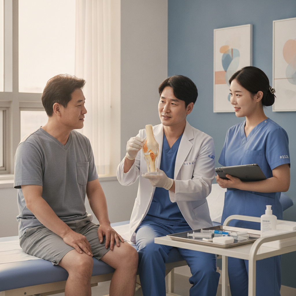 한국인 중년 남성이 병원 치료실에서 무릎 주사 시술을 받기 전 의료진의 설명을 듣고 있는 장면, 자연스러운 조명, 차분하고 안정적인 분위기