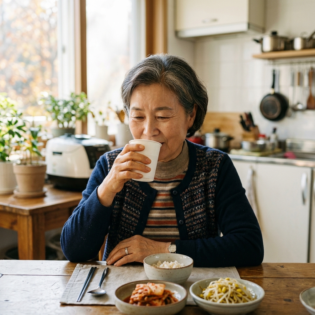 밝은 실내 식탁에서 한국인 60대 후반 여성이 물 든 종이컵을 천천히 들어 올리는 장면, 자연광, 다큐멘터리 스타일
