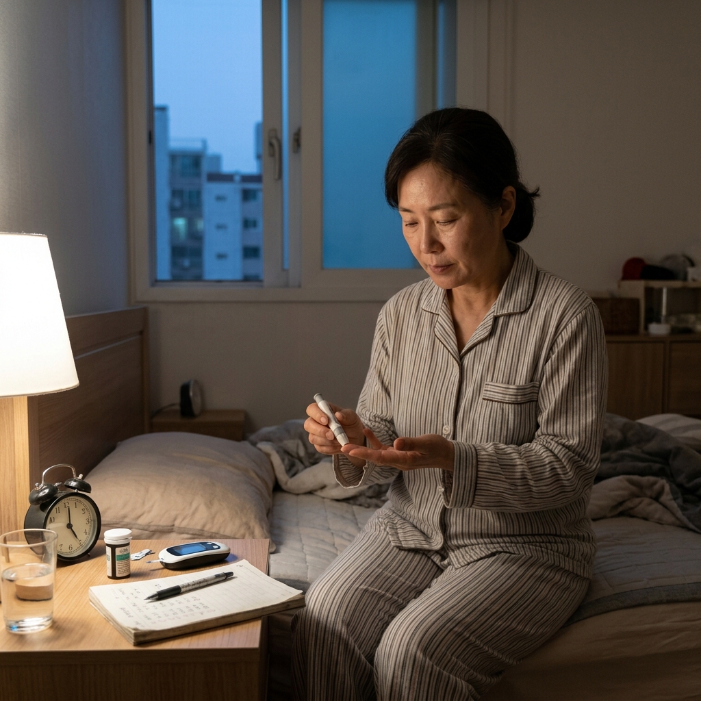 침대 옆 탁자 위에 혈당측정기와 기록지, 자명종 시계가 놓인 모습, 실내 조명은 어둡고 창밖은 새벽, 한국인 중년 환자가 침대에 앉아 손가락 채혈 준비를 하는 장면