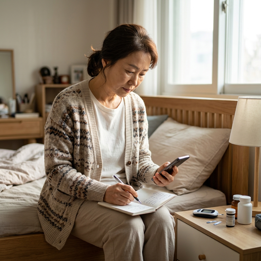 침실 창가에서 아침 햇살이 들어오는 가운데, 한국인 중년 환자가 침대에 앉아 혈당 기록지를 보며 의료진과 전화 상담을 준비하는 장면, 탁자 위에는 혈당측정기와 약통