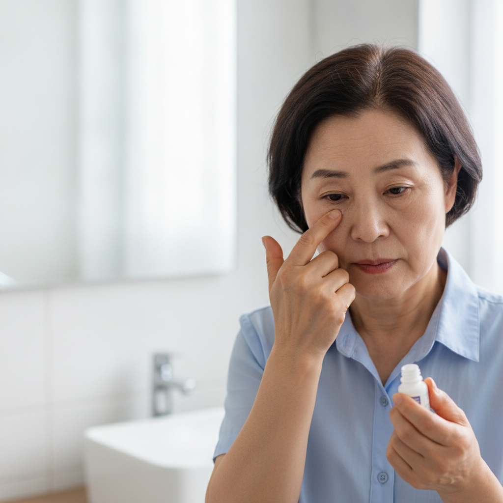 거울 앞에서 안약을 넣은 뒤 손가락으로 코 쪽 눈 안쪽 가장자리를 부드럽게 누르고 있는 70대 한국인의 모습, 밝은 실내 조명, 얇은 반팔 셔츠 착용