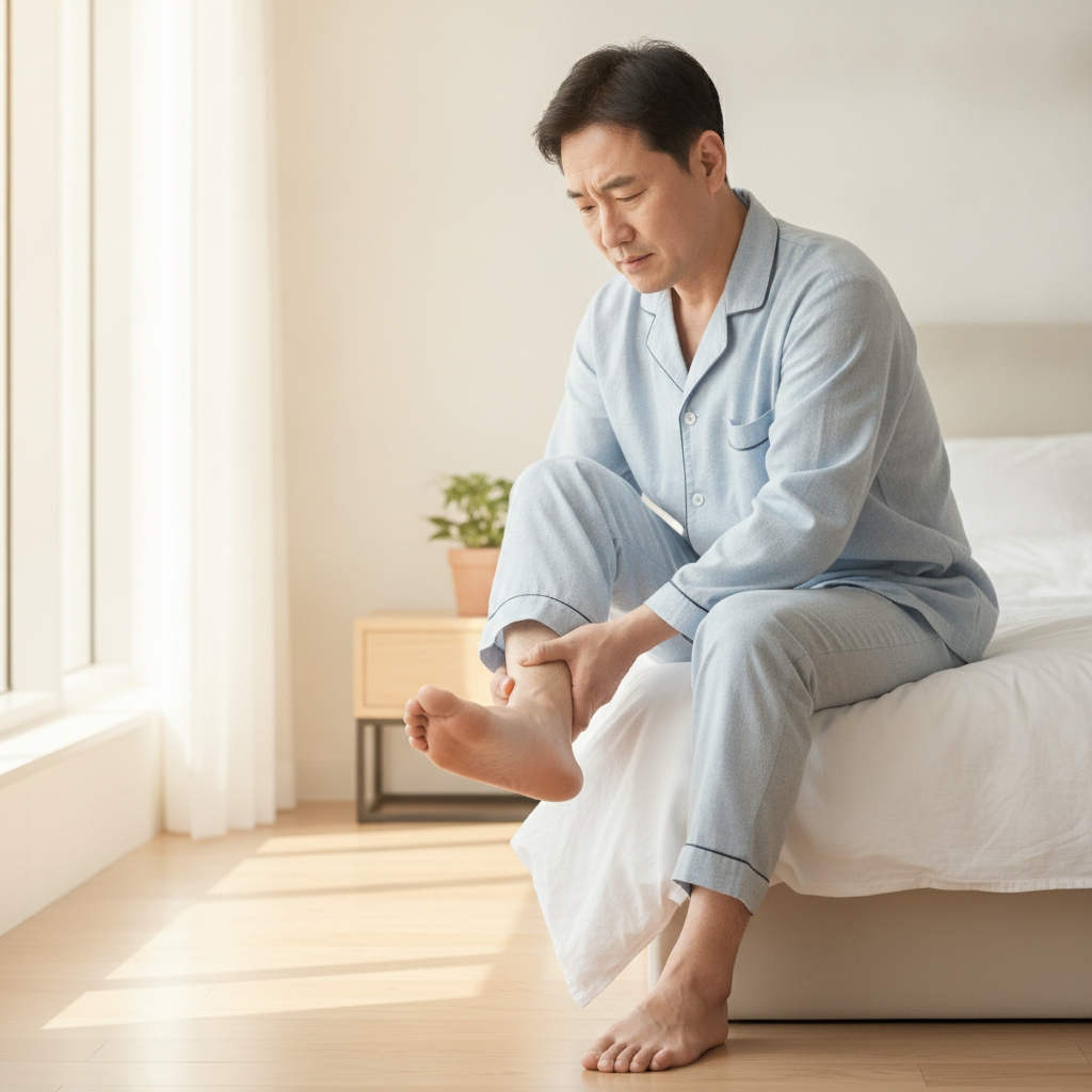 아침에 침대에서 일어나 발을 바닥에 디디려는 순간 발뒤꿈치를 감싸 쥐고 있는 중년 남성의 모습