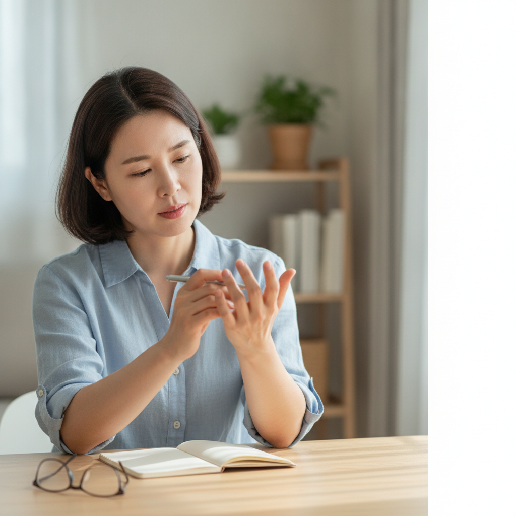 손등 피부 상태를 확인하며 메모하는 중년 여성의 모습