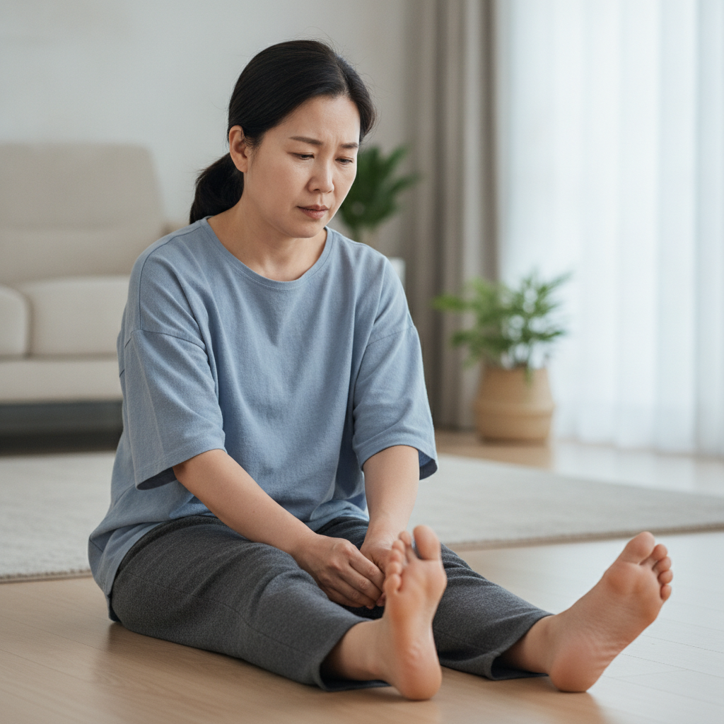 평평한 바닥에 앉아 한쪽 발을 잡고 발가락을 위로 천천히 당기며 발바닥 통증 반응을 확인하는 중년 여성