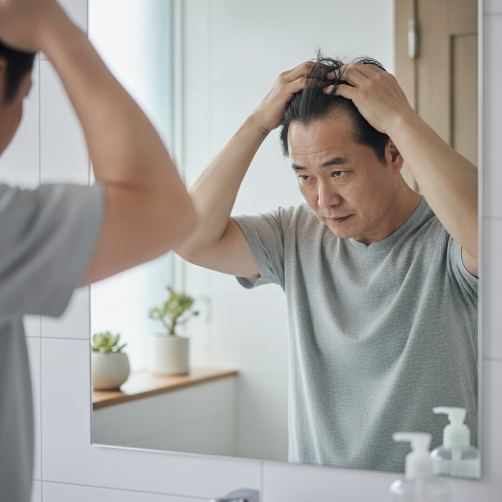 거울 앞에서 정수리와 가르마를 확인하며 머리카락 상태를 살피는 중년 남성의 모습