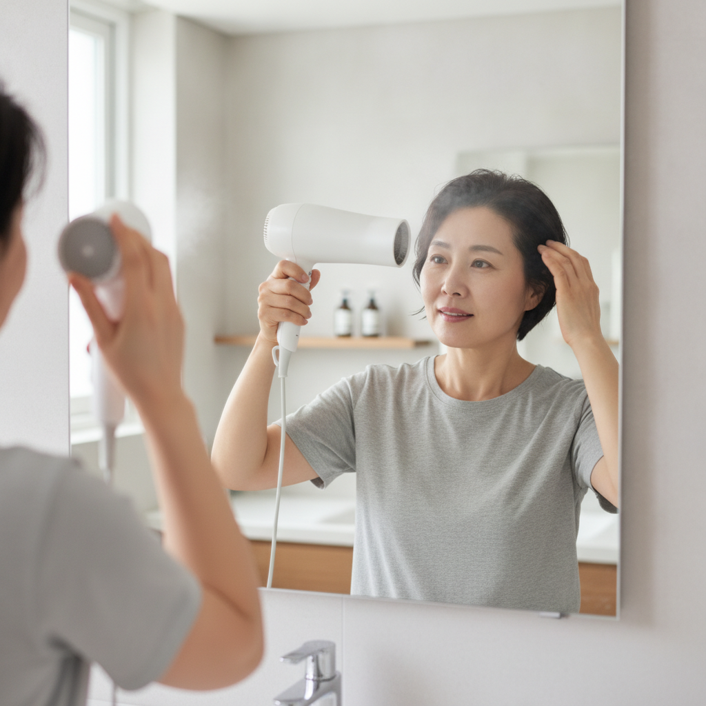 샴푸 후 드라이어로 두피를 말리며 거울을 보는 중년 여성의 모습