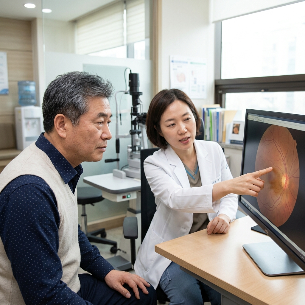 안과 진료실에서 중장년 환자가 의사와 함께 안저검사 결과 화면을 보며 설명을 듣고 있는 장면, 환자의 표정은 집중하고 있으며 의사는 모니터를 가리키고 있다