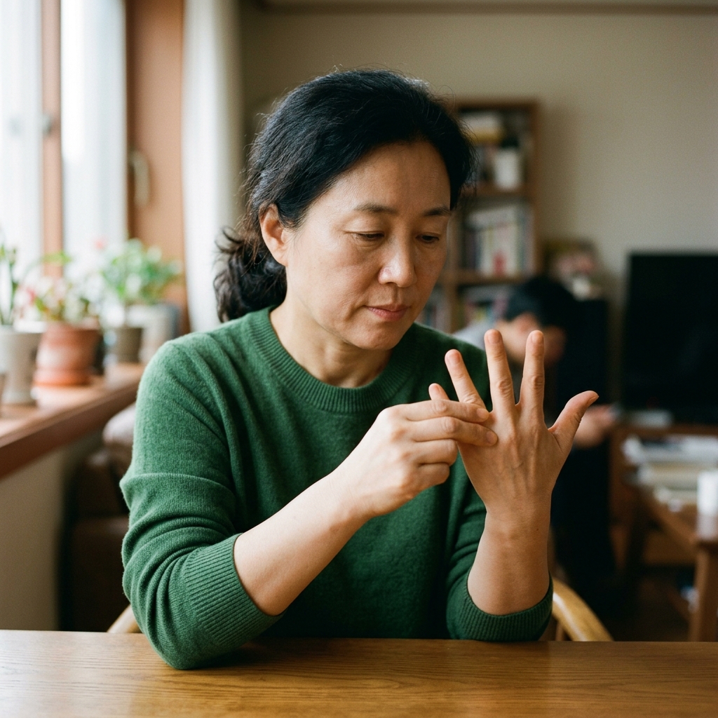 손가락 마디를 살피며 통증 위치를 확인하는 중년 여성의 손, 자연광 아래 실내에서 차분한 표정으로 관찰 중
