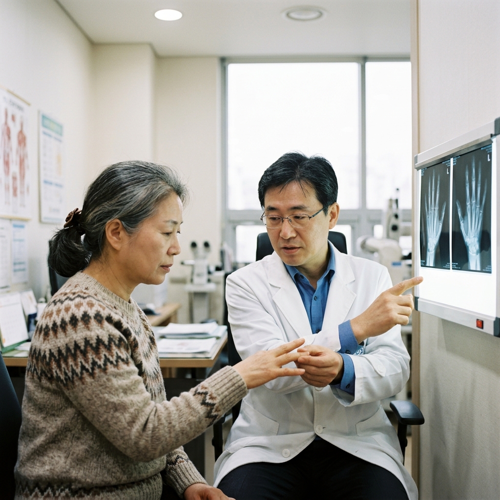 병원 진료실에서 의사가 환자의 손가락 관절을 살피며 X-ray 필름을 함께 보고 있는 장면, 밝은 실내 조명