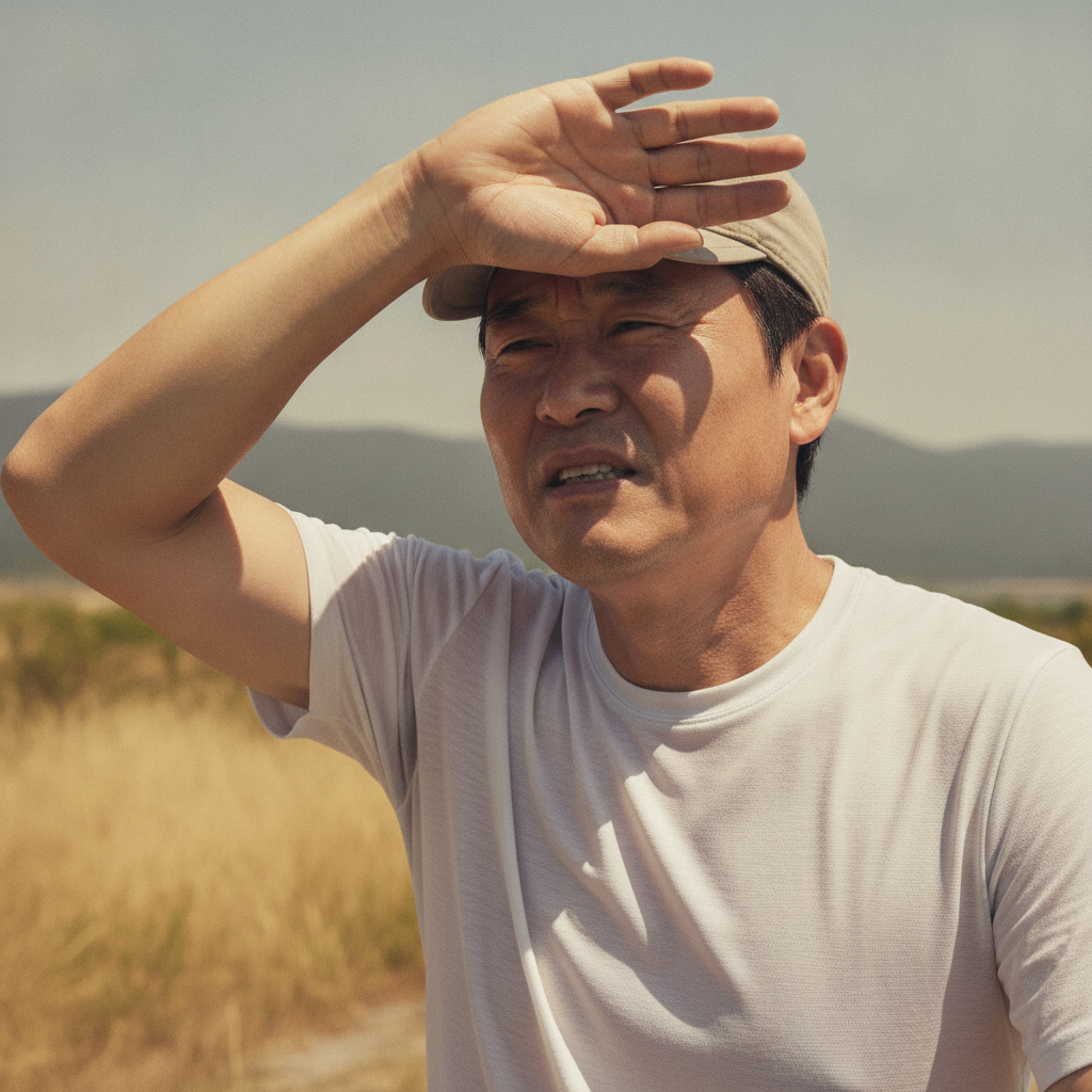 한여름 뜨거운 햇볕 아래 야외 활동 중 이마에 손을 얹고 힘들어하는 한국인 중년 남성의 모습