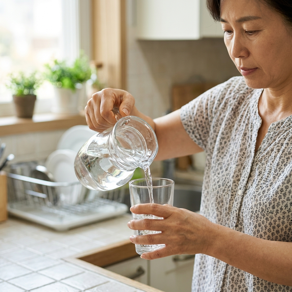투명한 유리컵에 물을 따르는 중장년 여성의 손, 밝은 주방 배경에서 자연광이 비치는 장면