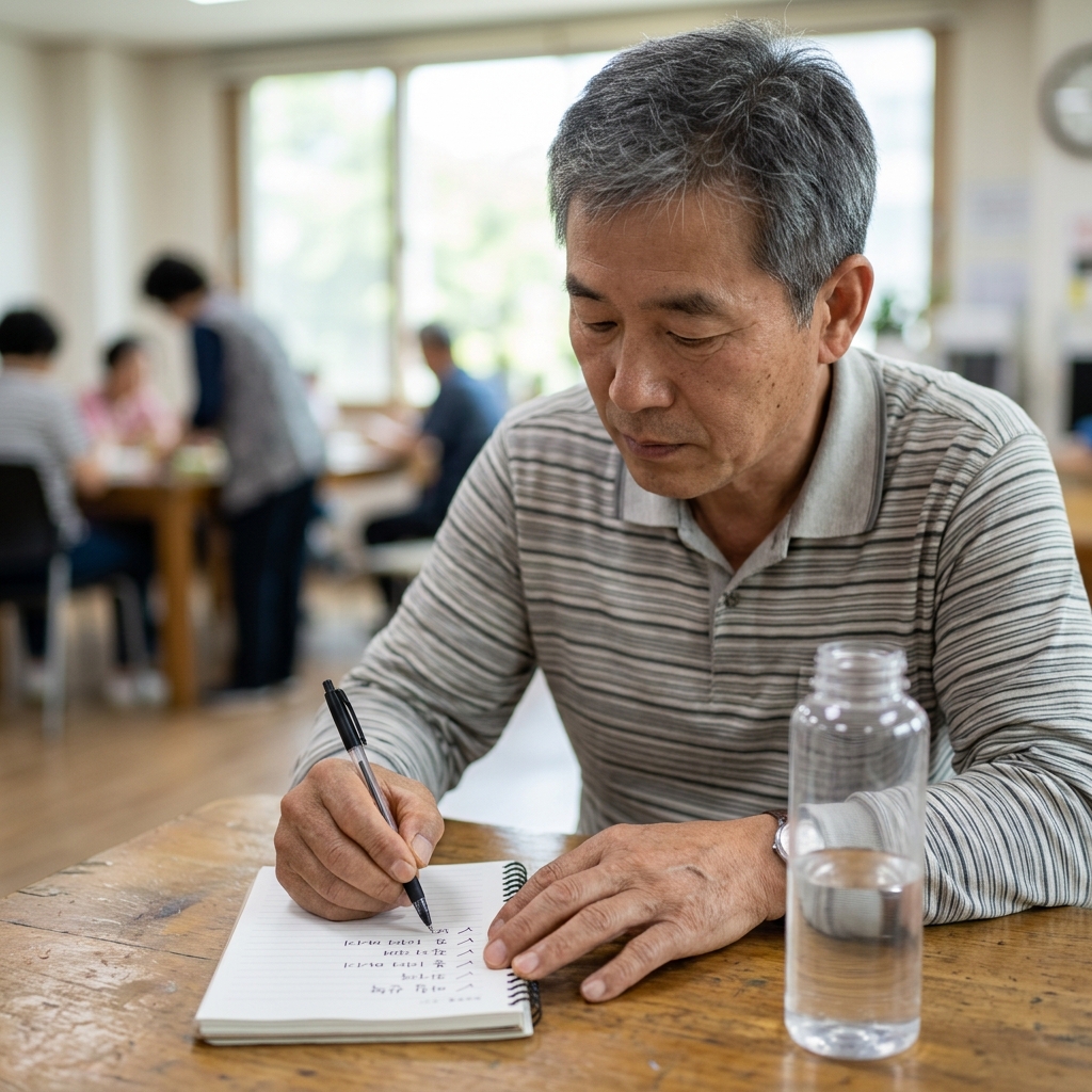 테이블 위에 놓인 투명한 물병과 체크리스트 수첩, 펜을 들고 기록하는 중장년 남성의 손