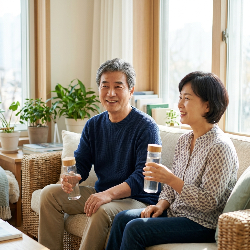 밝은 거실에서 물병을 손에 들고 미소 짓는 중장년 부부, 창밖으로 햇살이 들어오는 편안한 분위기