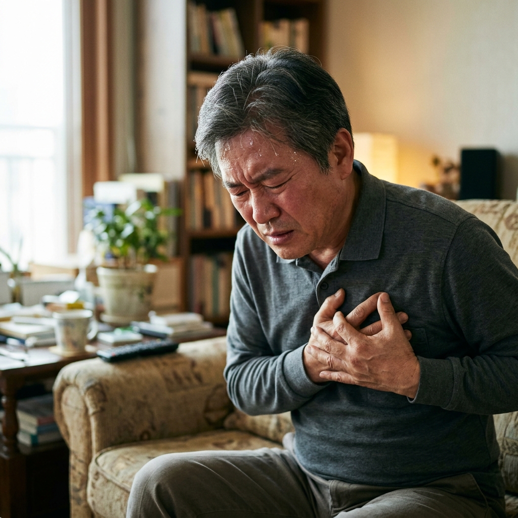 가슴을 손으로 감싸 쥔 채 심한 통증 표정을 짓는 중년 남성, 실내 조명 아래 소파에 앉아 있고 식은땀이 이마에 맺힌 모습