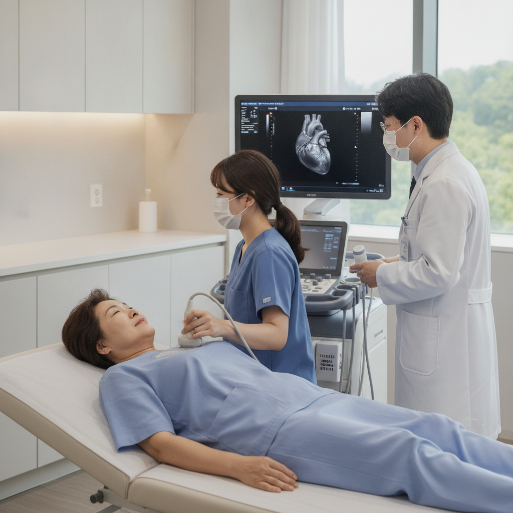 심장 초음파 검사를 받고 있는 70대 한국인 여성과 의료진, 검사실 내부의 자연스러운 장면