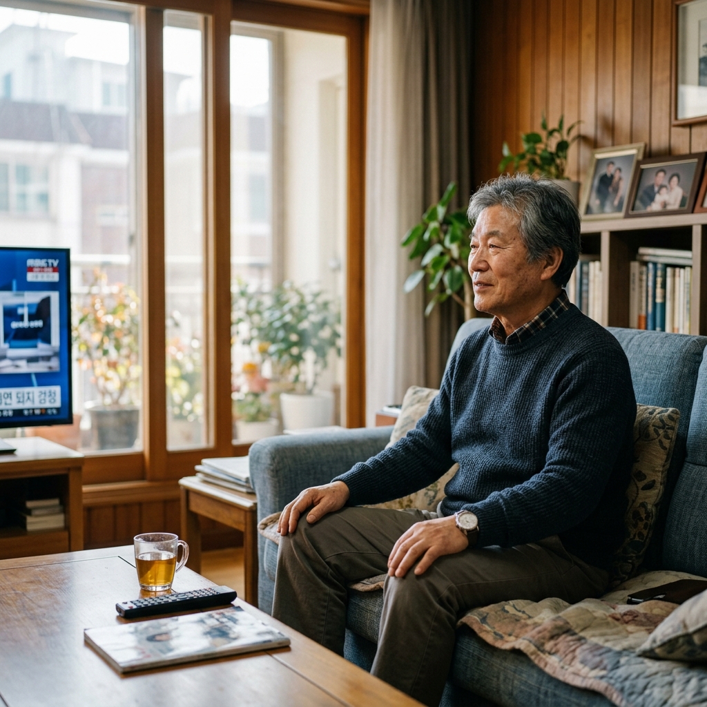 거실 소파에 앉아 TV를 보고 있는 70대 어르신, 창밖으로 오후 햇살이 들어오는 평온한 실내 풍경