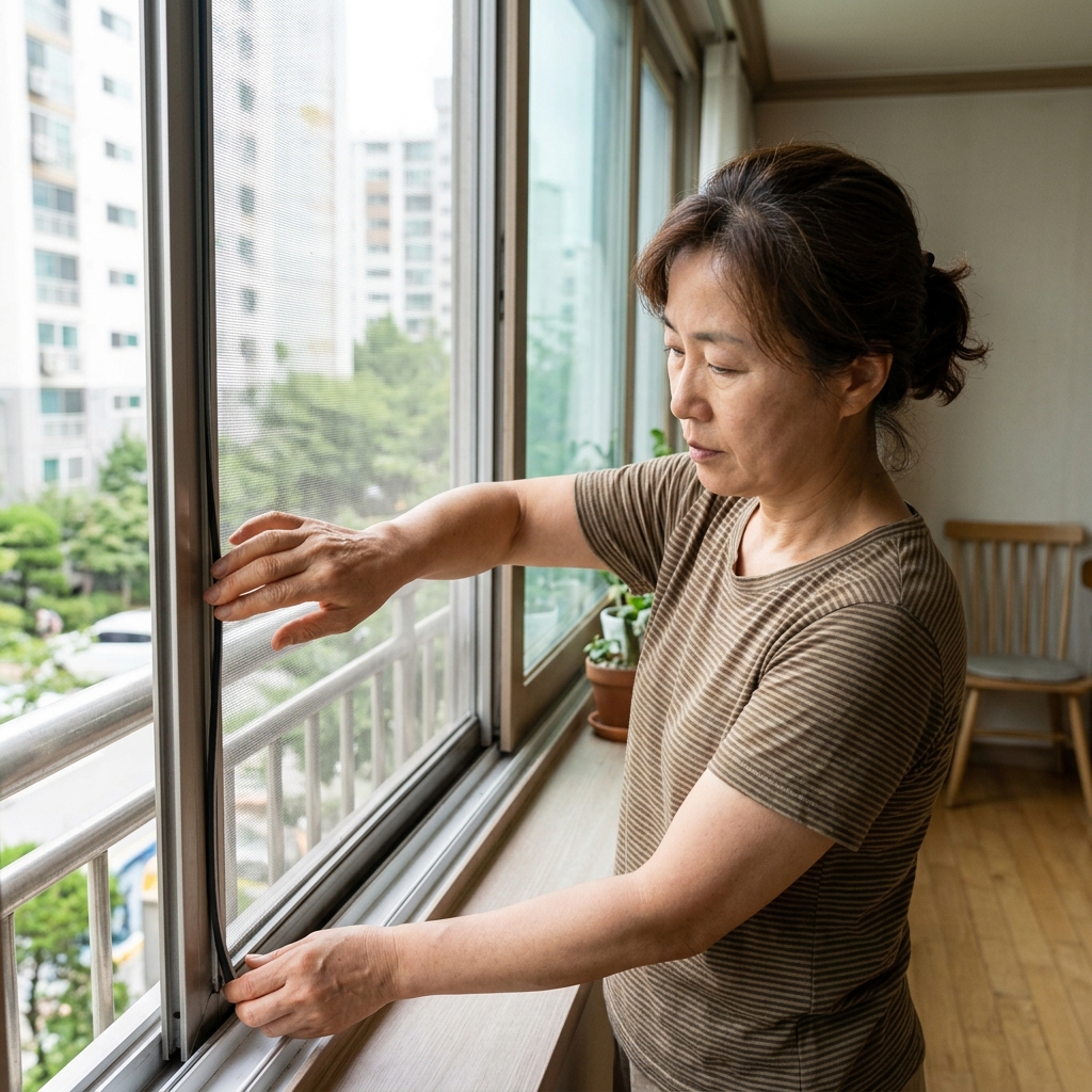 창가에서 방충망을 점검하는 중장년 여성의 손과 문틈 확인 장면